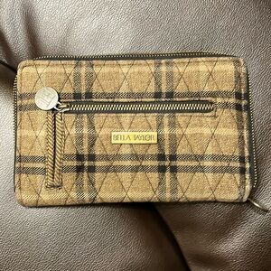 Bella Taylor Zip Around Wallet, Quilted, Brown/Black plaid, 8" x 5" EUC